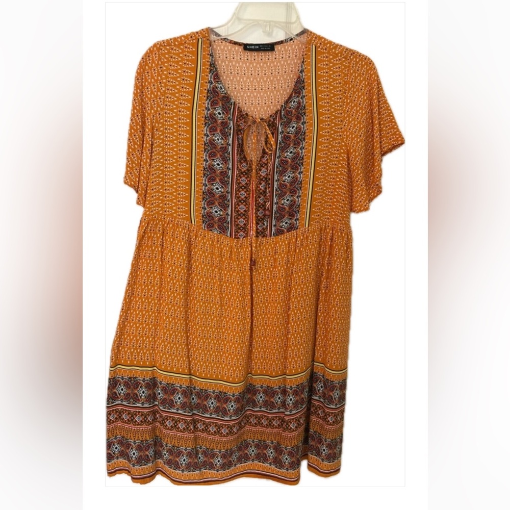 Orange Boho Tie-Neck Midi Dress